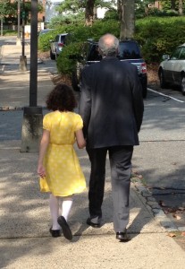 My niece and my dad (her grandpa) walking up to our synagogue on Rosh Hashanah a few weeks ago.