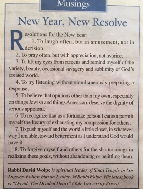 The text of "New Year, New Resolve," resolutions by Rabbi David Wolpe, available at the link embedded in the post introduction.