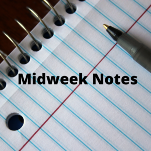 an open spiral notebook with a pen resting on a blank page, plus a text label that reads, "Midweek Notes."