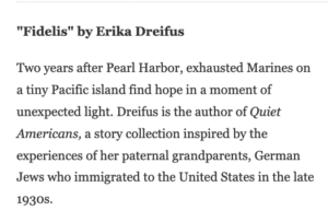 Text introducing "Fidelis" as a story about taking place two years after Pearl Harbor, with exhausted Marines on a tiny Pacific island finding hope in a moment of unexpected light.