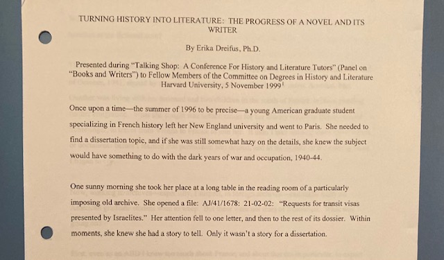 Opening paragraphs of a presentation titled "Turning History Into Literature: The Progress of a Novel and Its Writer."