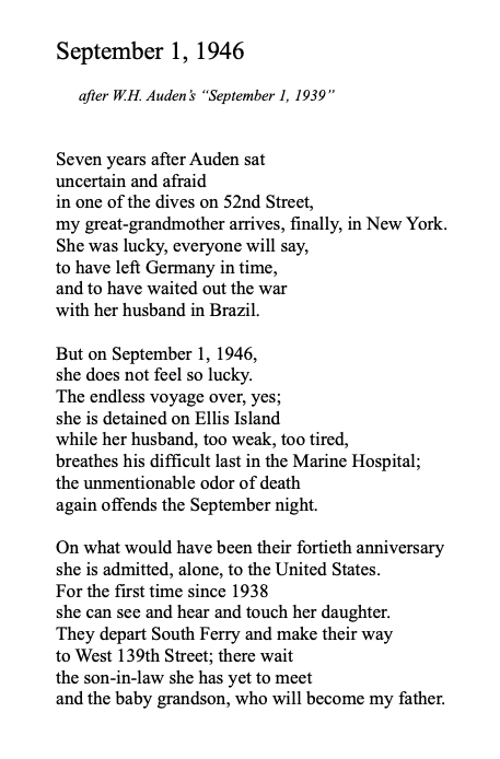 Text of my poem "September 1, 1946," as published in BIRTHRIGHT: POEMS.