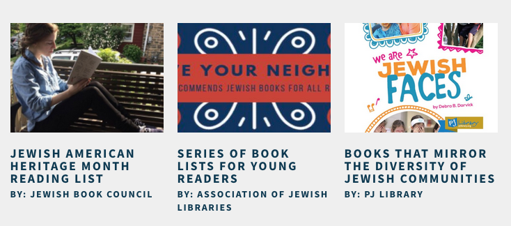 Screenshot from the Weitzman National Museum of American Jewish History's Jewish American Heritage Month website hub with thumbnails and captions promoting three curated book lists.