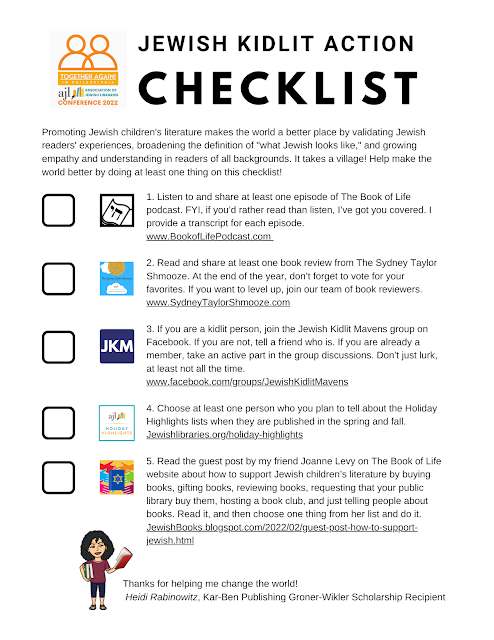 A checklist for Jewish Kidlit Action created by Heidi Rabinowitz.