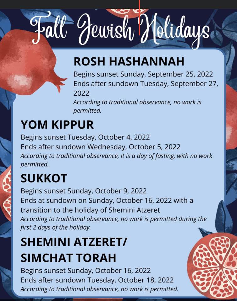 Against a background that features pomegranates, the words "Fall Jewish Holidays" appear, along with the dates for Rosh Hashanah, Yom, Kippur, Sukkot, and Shemini Atzeret/Simchat Torah and notes for observances for each.