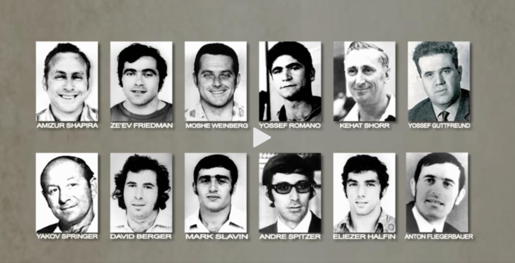 image of the 11 members of the 1972 Israeli Olympic team and the West German policement who were murdered in September 1972.
