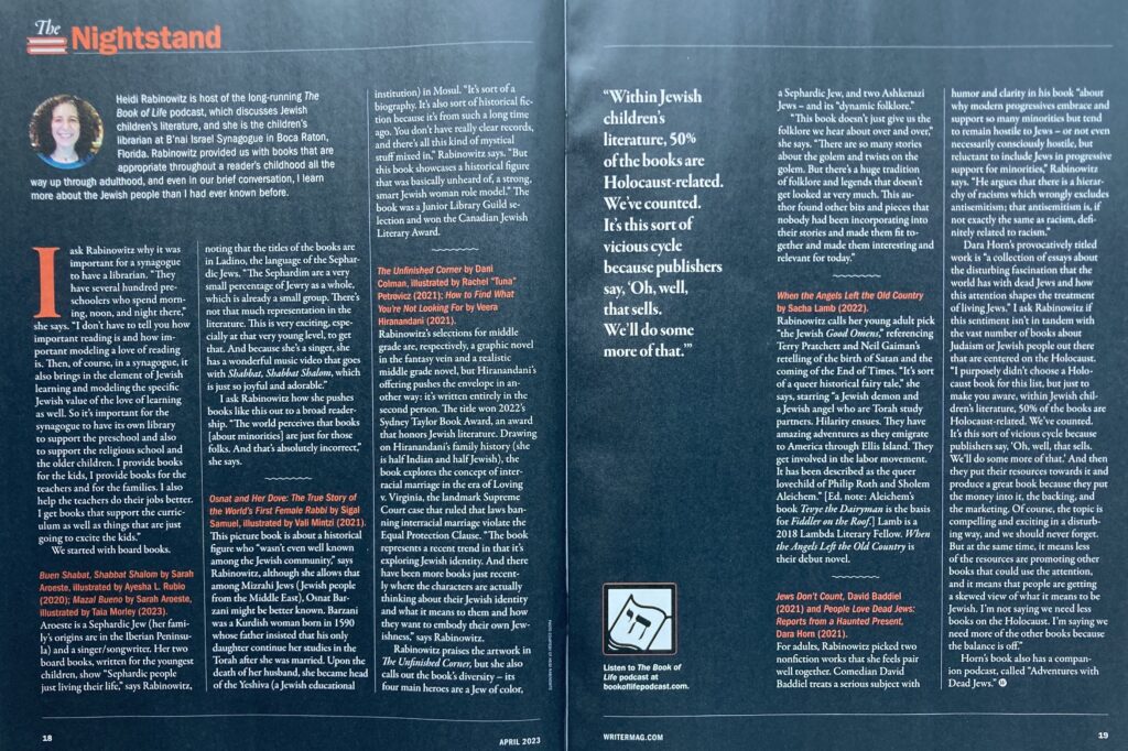 Pages 18 and 19 of the May 2023 issue of The Writer magazine. Titled "The Nightstand," the spread features reading recommendations from librarian and podcaster Heidi Rabinowitz.