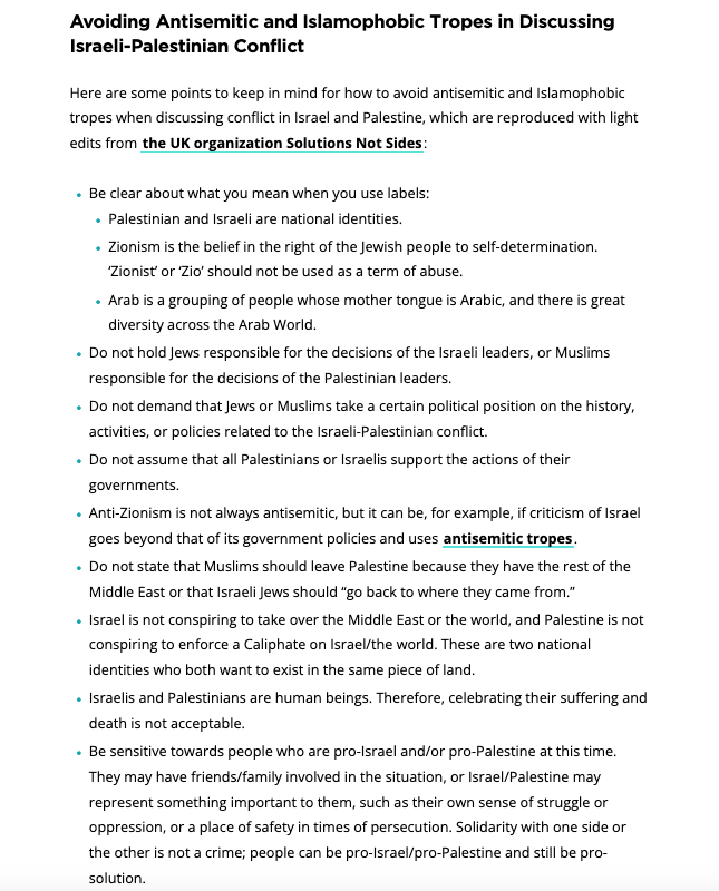 Screenshot of text published beneath "Avoiding Antisemitic and Islamophobic Tropes in Discussing Israeli-Palestinian Conflict." Text taken from the website linked within the post.