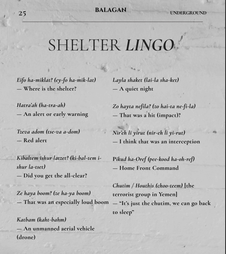 Vocabulary shared in an article within the special "Underground" wartime issue of the journal Balagan.